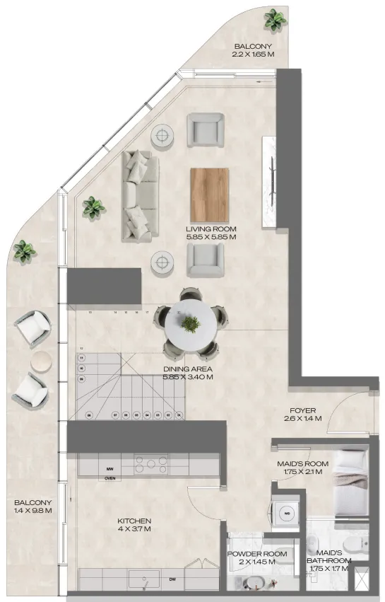 DWTN Residences 2 BR Apartments floor plan, 1,103 sqft to 2,718 sqft, drawing published by Deyaar Development