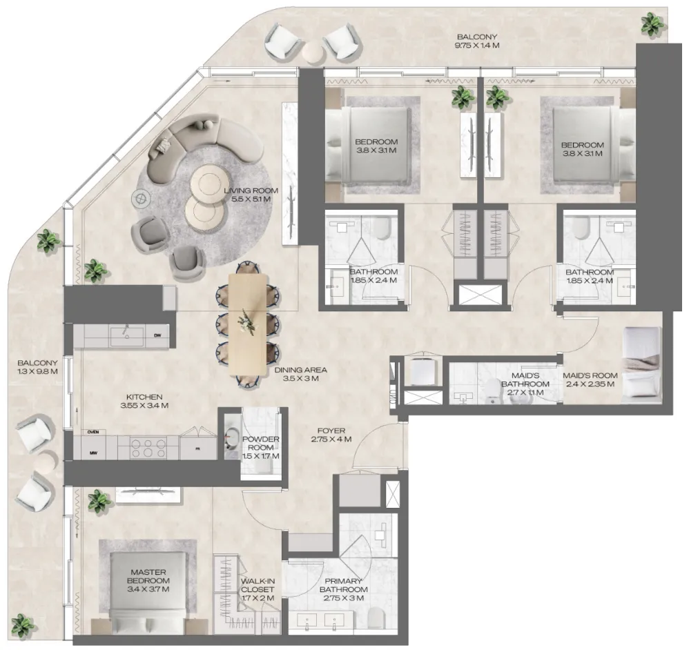 DWTN Residences 3 BR Apartments floor plan, 1,641 sqft to 3,451 sqft, drawing published by Deyaar Development