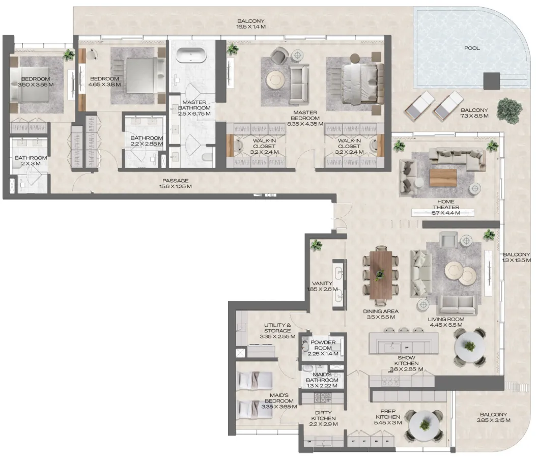 DWTN Residences 3 BR Penthouse floor plan, 4,740 sqft to 4,741 sqft, drawing published by Deyaar Development
