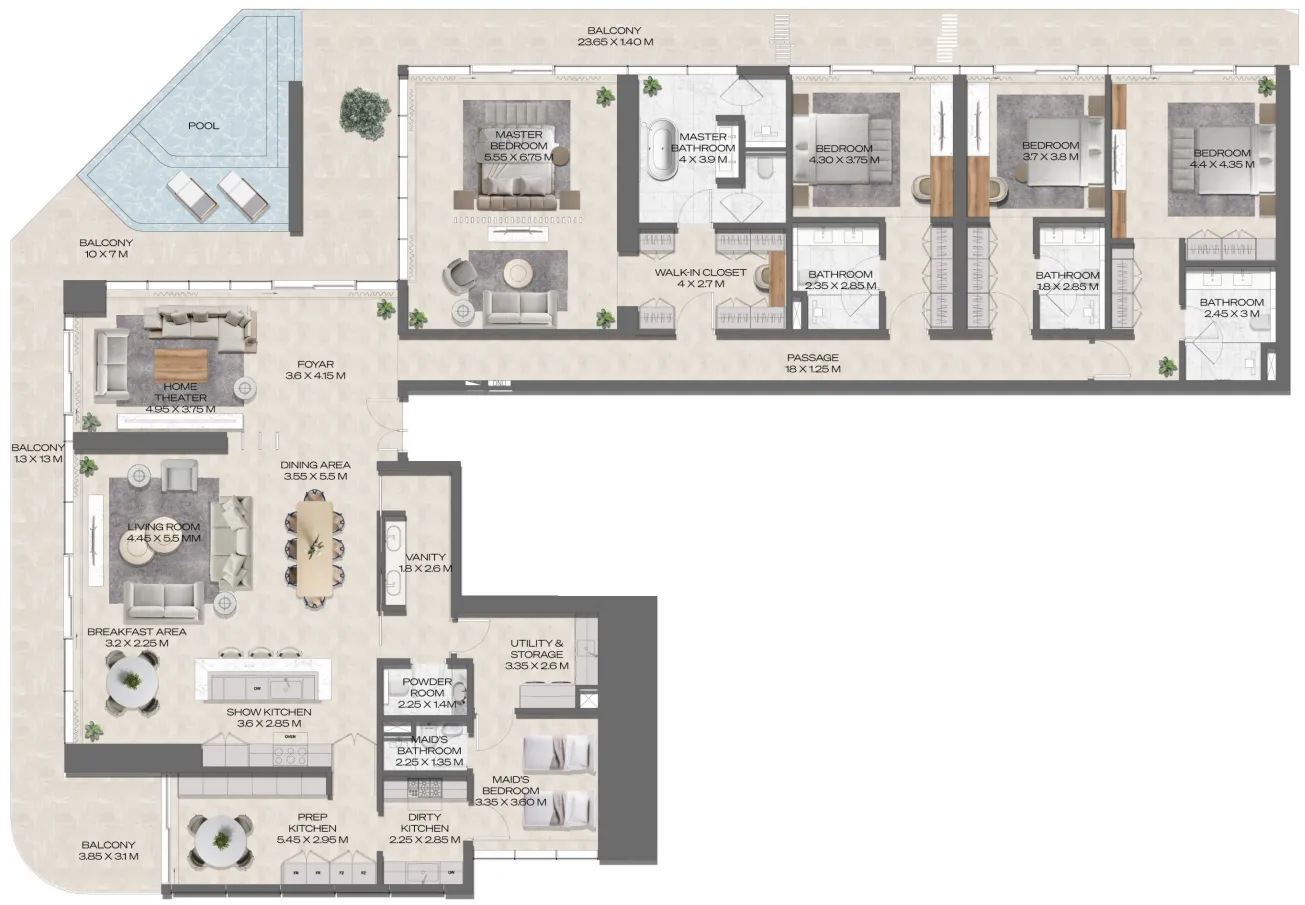 DWTN Residences 4 BR Penthouse floor plan, 5,286 sqft, drawing published by Deyaar Development