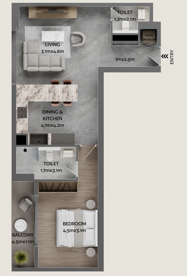 Jardin Astral 1 BR Apartments floor plan, 781 sqft, drawing published by Galaxy Realty