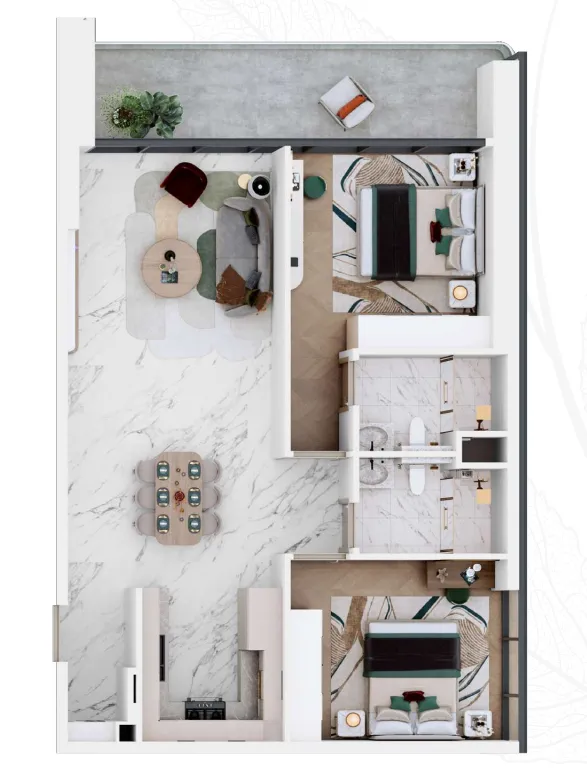Vega 2 BR Apartments floor plan, 1,072 sqft to 1,077 sqft, drawing published by Acube Development