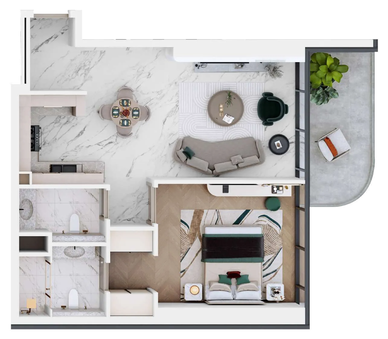 Vega 1 BR Apartments floor plan, 746 sqft, drawing published by Acube Development