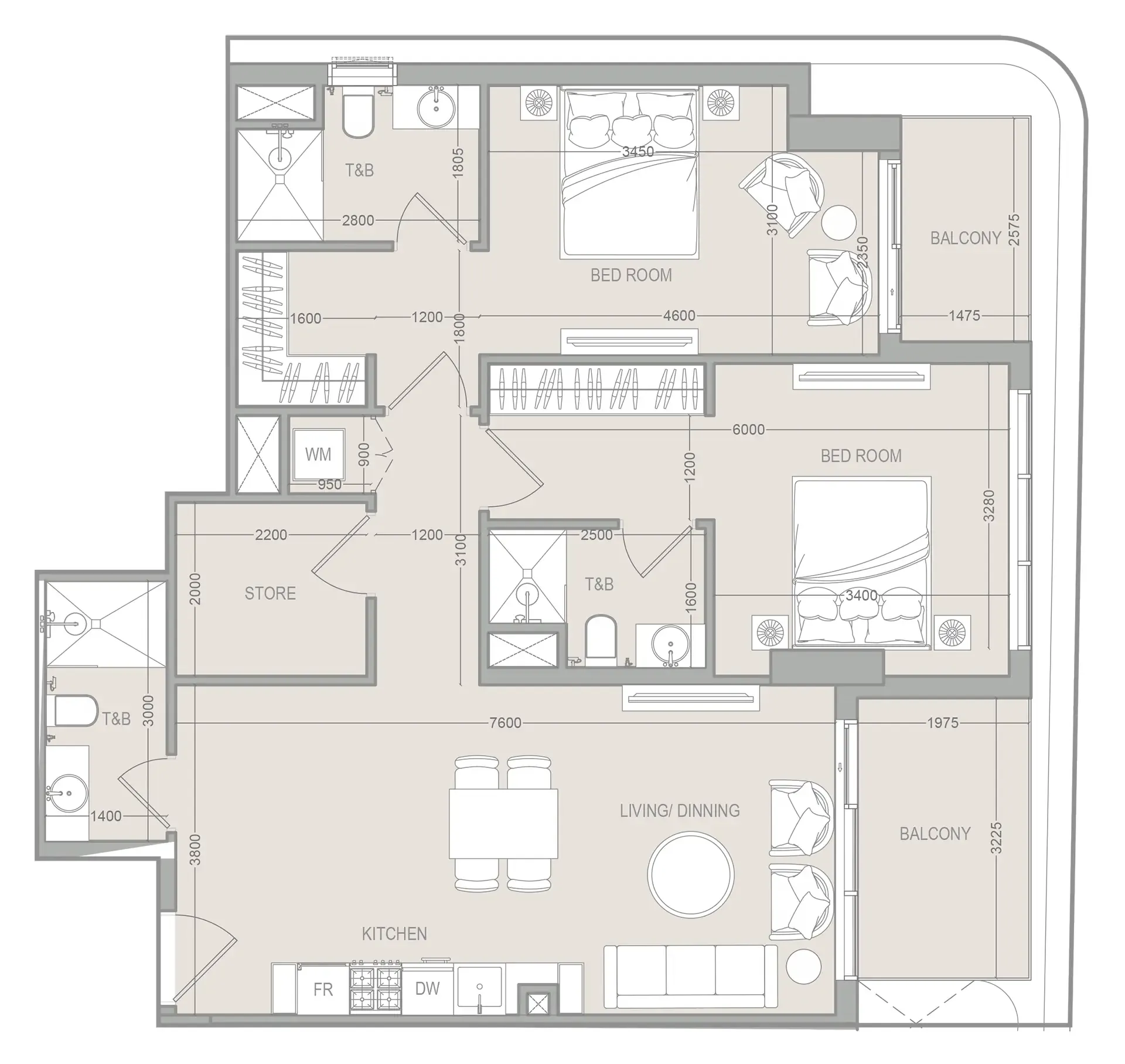 FLU1D One 2 BR Apartments floor plan, 1,131 sqft to 1,334 sqft, drawing published by Object One