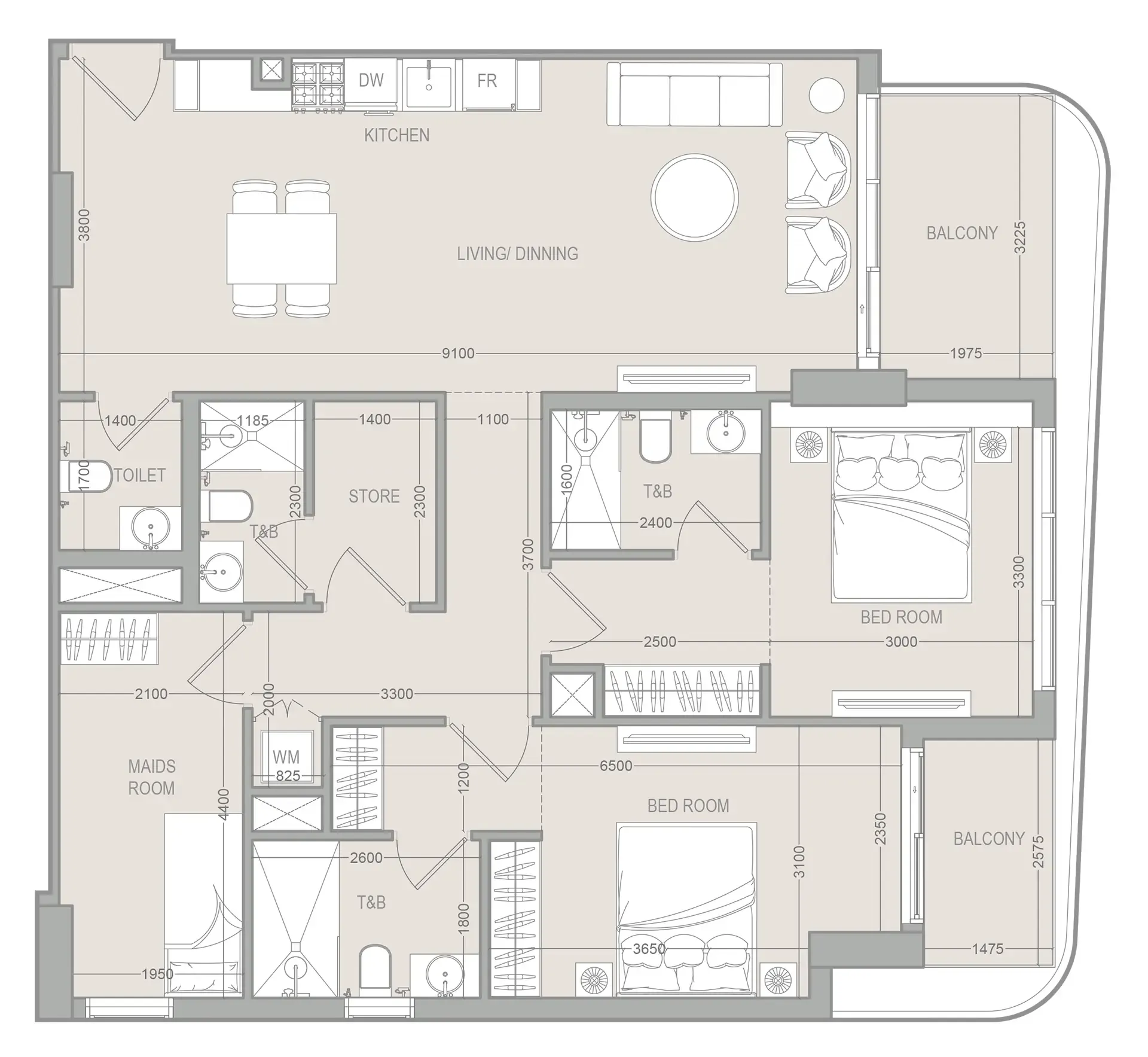 FLU1D One 2.5 BR Apartments floor plan, 1,293 sqft, drawing published by Object One