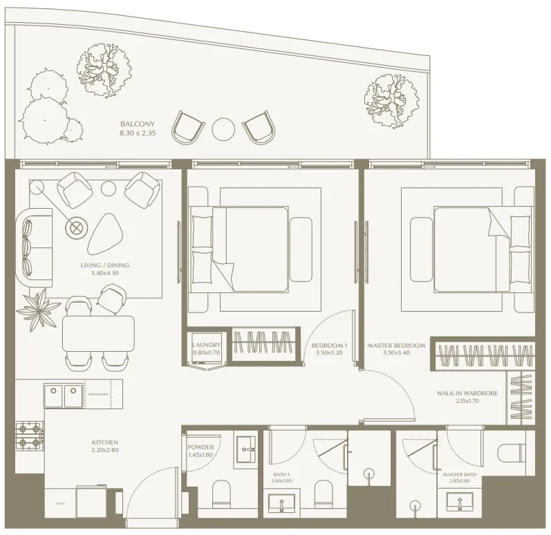 AYA Beachfront Residences 2 BR Apartments floor plan, 1,003 sqft to 2,161 sqft, drawing published by Deyaar Development
