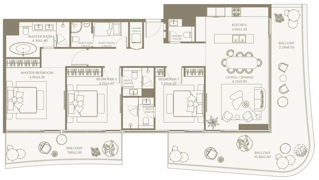 AYA Beachfront Residences 3 BR Apartments floor plan, 1,399 sqft to 5,121 sqft, drawing published by Deyaar Development