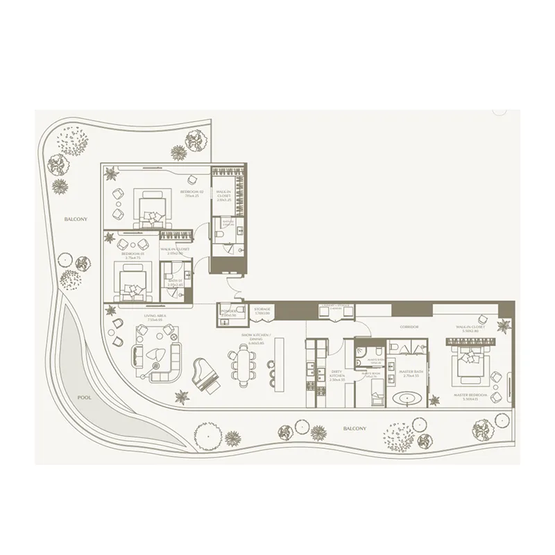 AYA Beachfront Residences 3 BR Penthouse floor plan, 4,607 sqft, drawing published by Deyaar Development