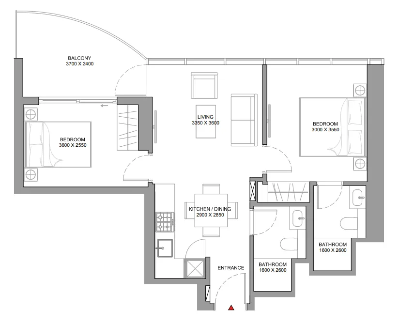 Sobha Aquamont 2 BR Apartments floor plan, 720 sqft to 1,309 sqft, drawing published by Sobha