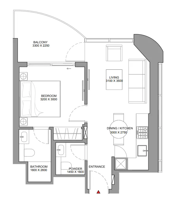 Sobha Aquamont 1 BR Apartments floor plan, 556 sqft to 620 sqft, drawing published by Sobha