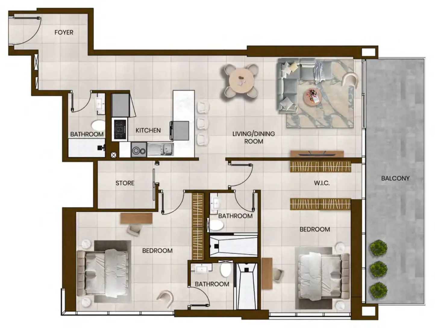 Butterfly Towers 2 BR Apartments floor plan, 1,413 sqft to 1,421 sqft, drawing published by Al Sayyah Group