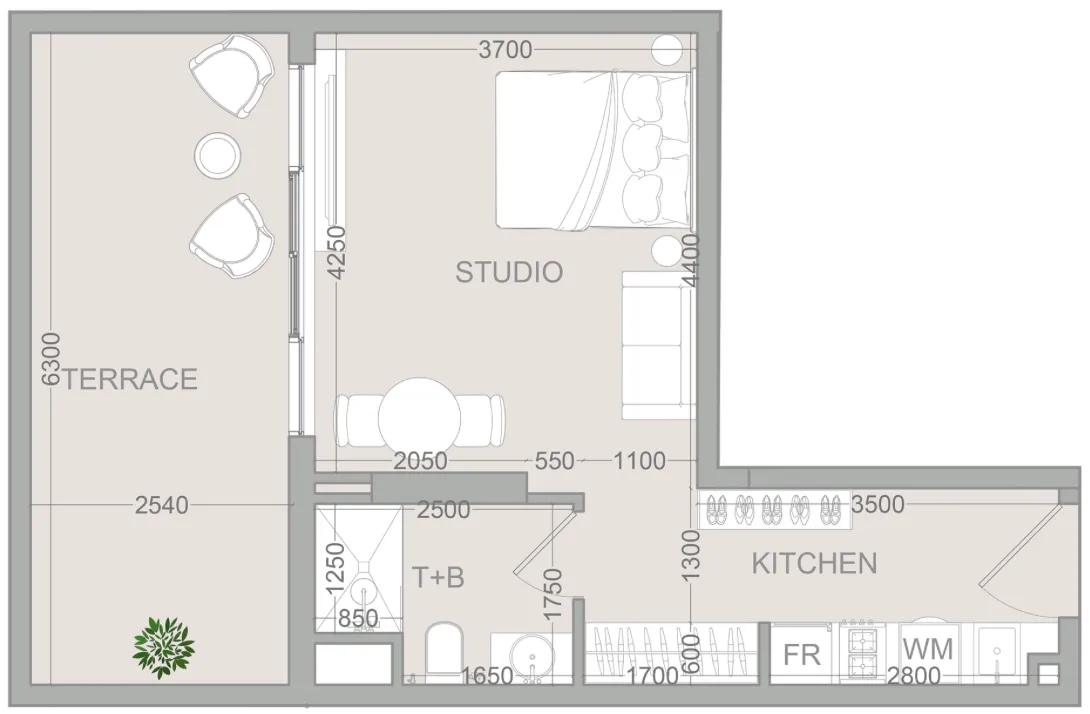 TETR1S Tower Studio Apartments floor plan, 443 sqft to 567 sqft, drawing published by Object One