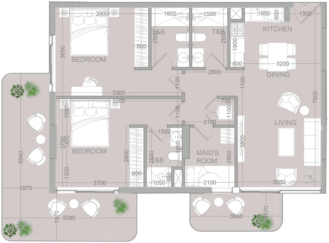 TETR1S Tower 2 BR Apartments floor plan, 1,227 sqft to 1,247 sqft, drawing published by Object One