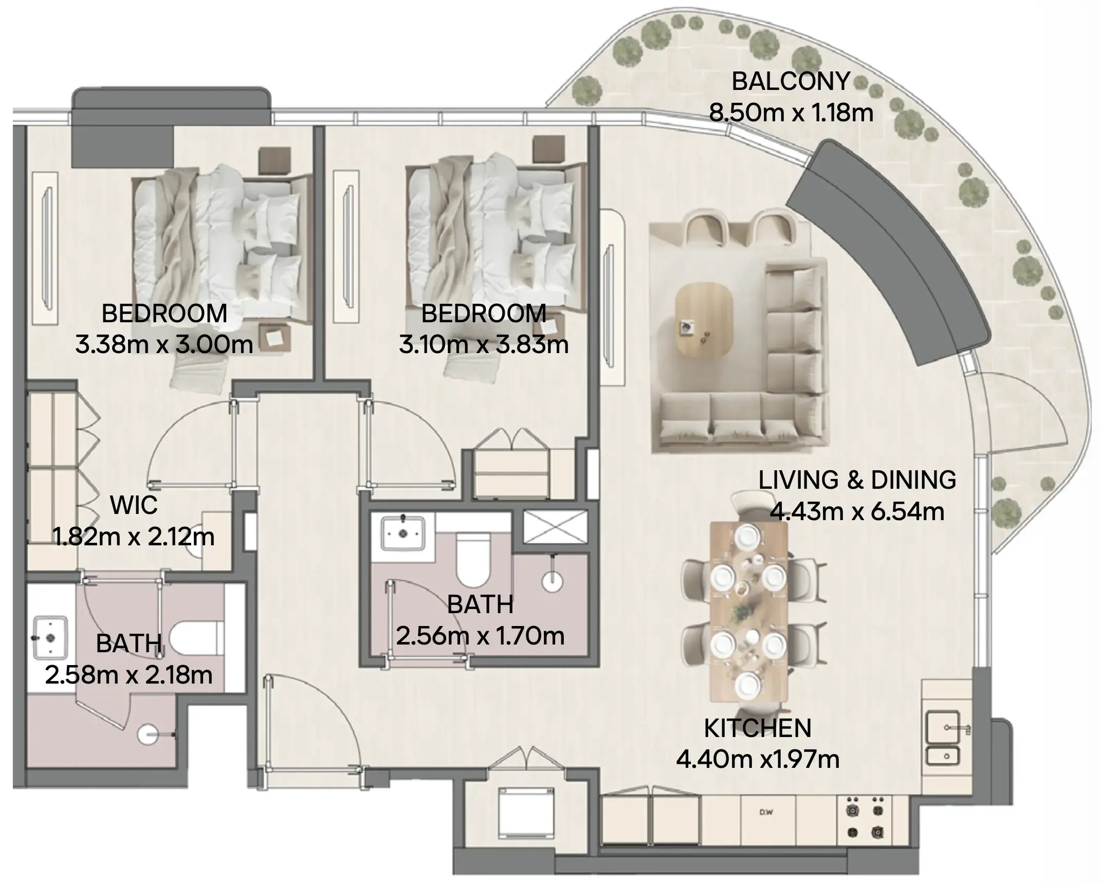 Mirasol II 2 BR Apartments floor plan, 1,087 sqft, drawing published by RAK Properties