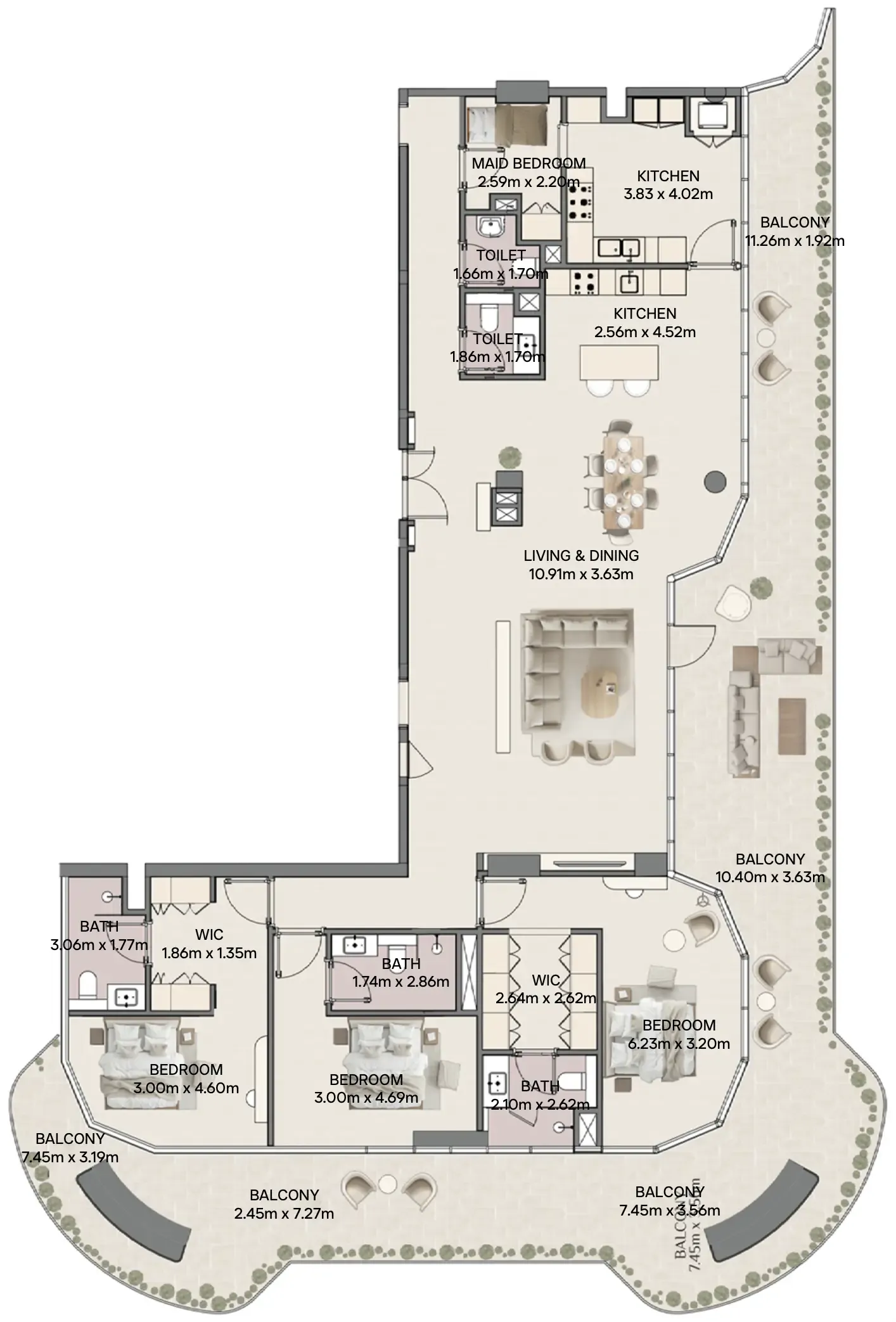 Mirasol II 3 BR Penthouse floor plan, 3,742 sqft, drawing published by RAK Properties