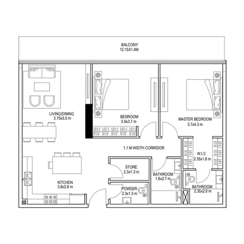 Golf Place 2 BR Apartments floor plan, 1,294 sqft to 1,297 sqft, drawing published by Prestige One
