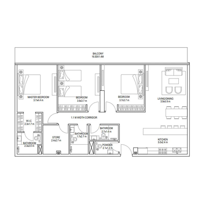 Golf Place 3 BR Apartments floor plan, 1,720 sqft to 1,721 sqft, drawing published by Prestige One
