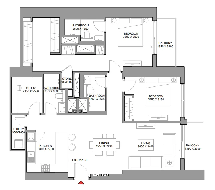 310 Riverside Crescent 2 BR Apartments floor plan, 1,425 sqft to 1,468 sqft, drawing published by Sobha