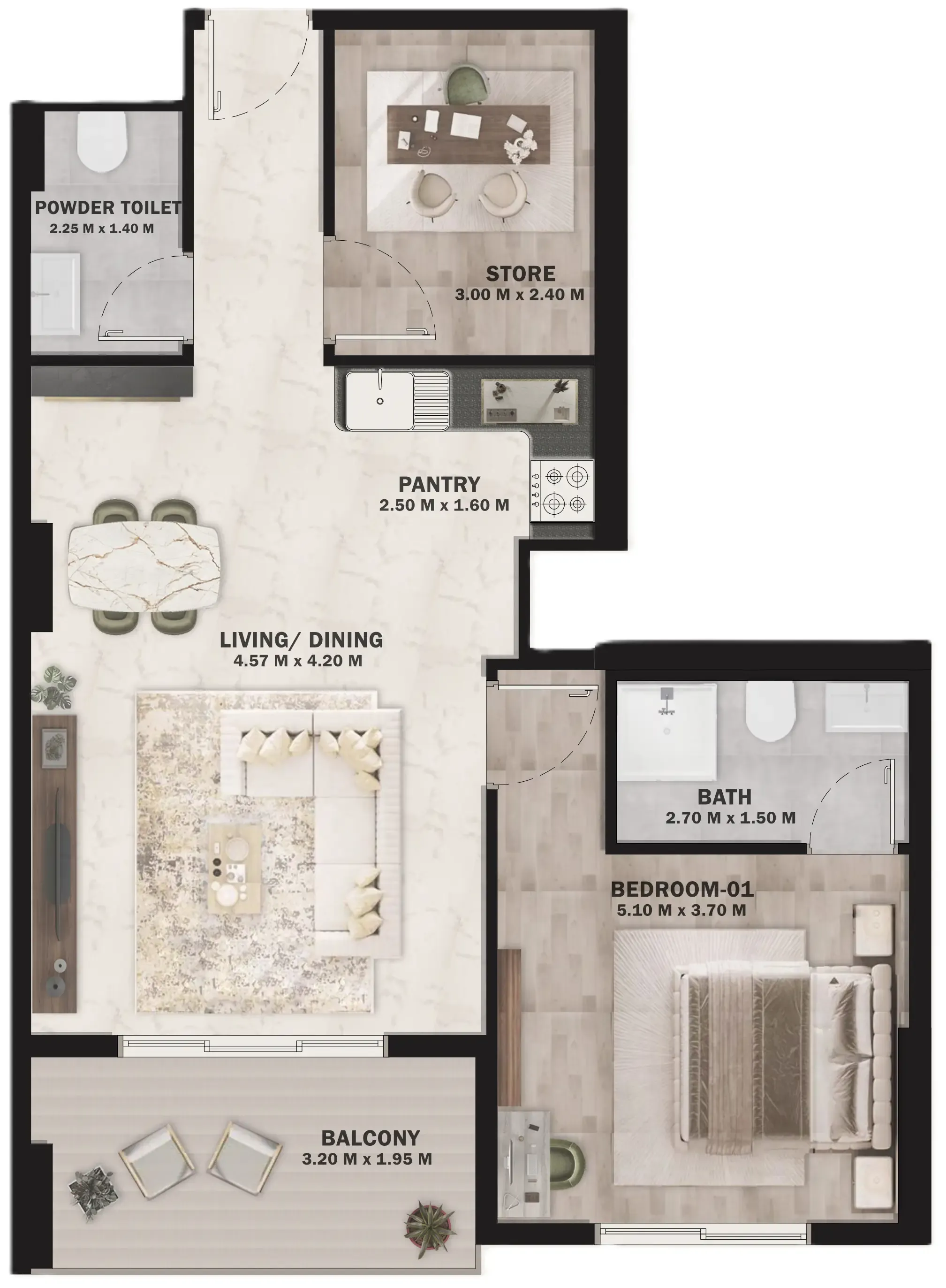 VOI Residence 1 BR Apartments floor plan, 698 sqft to 817 sqft, drawing published by HVM Living