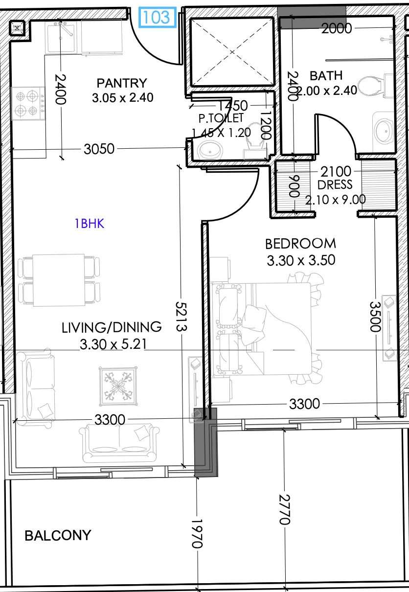 Terra Tower 1 BR Apartments floor plan, 694 sqft to 747 sqft, drawing published by Dugasta