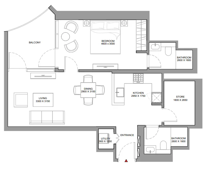 Skyvue Stellar 1.5 BR Apartments floor plan, 877 sqft, drawing published by Sobha