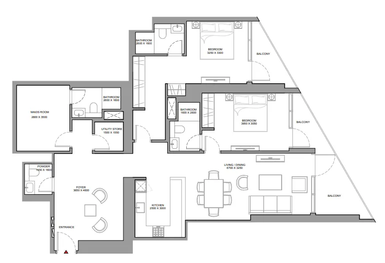 Skyvue Stellar 2 BR Apartments floor plan, 1,241 sqft to 1,676 sqft, drawing published by Sobha