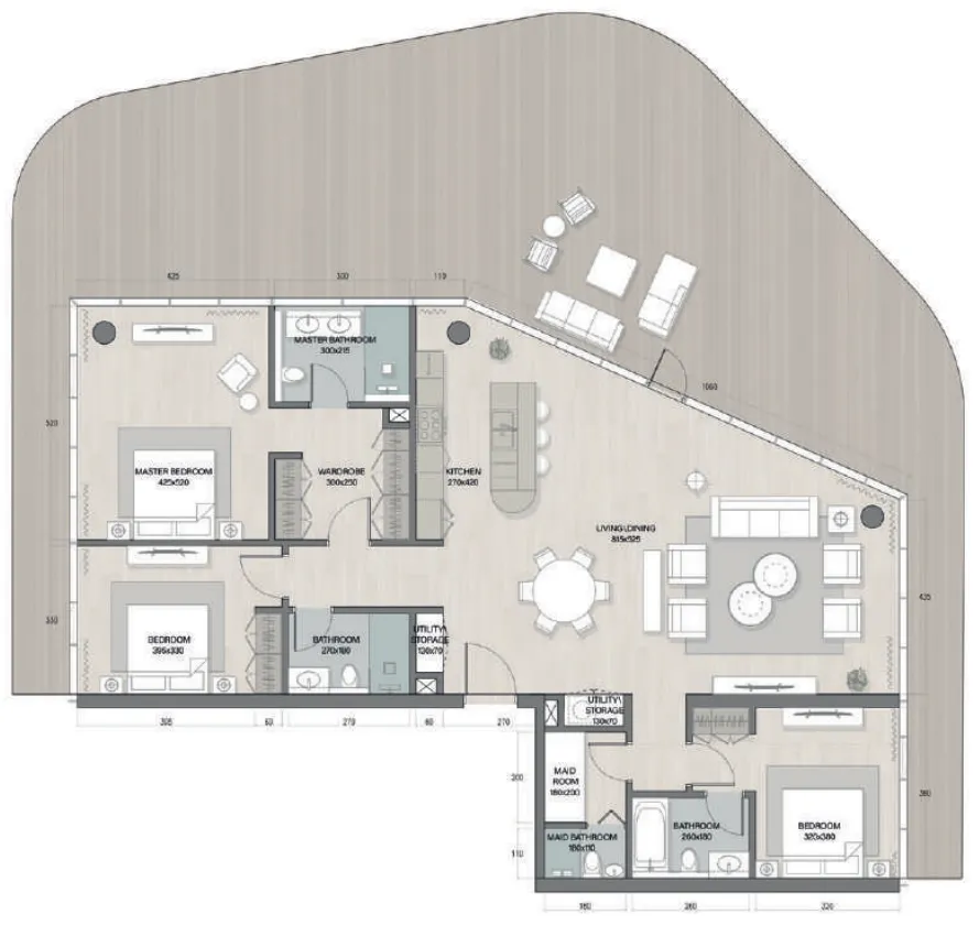 Quattro Del Mar 3 BR Penthouse floor plan, 3,476 sqft, drawing published by RAK Properties