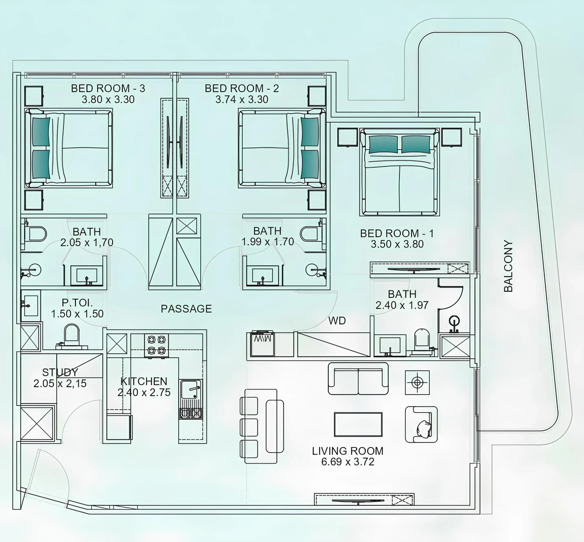 Floarea Breeze 3 BR Apartments floor plan, 1,474 sqft to 1,901 sqft, drawing published by Mashriq Elite Developments