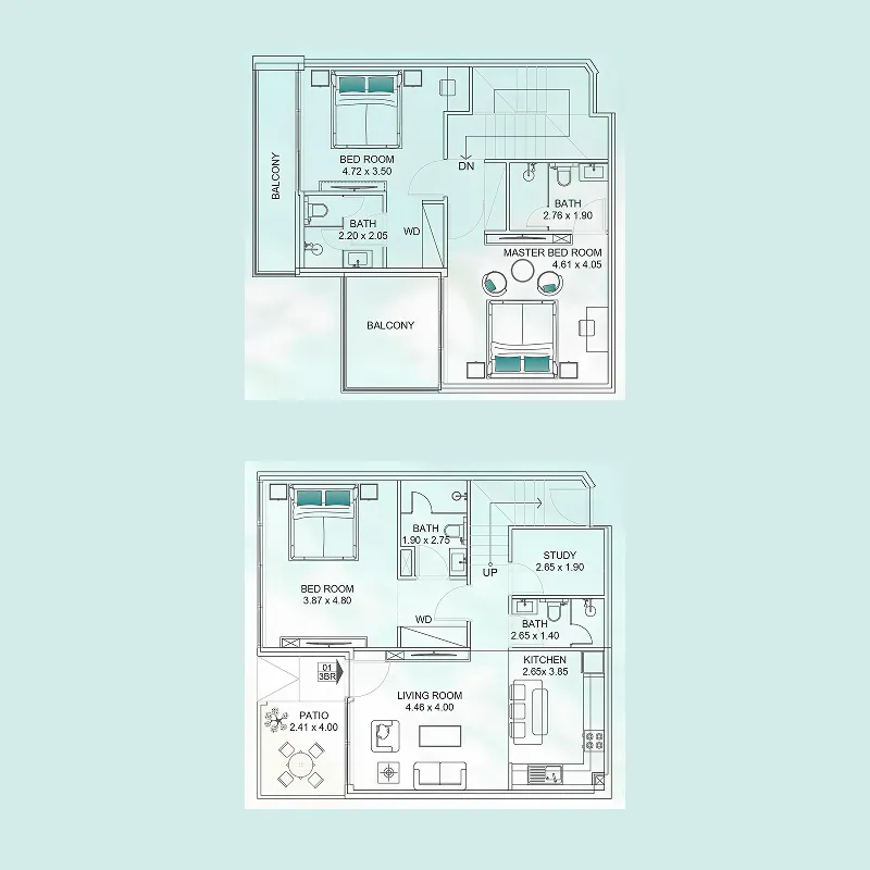 Floarea Breeze 3 BR Townhouse floor plan, 1,848 sqft to 1,895 sqft, drawing published by Mashriq Elite Developments