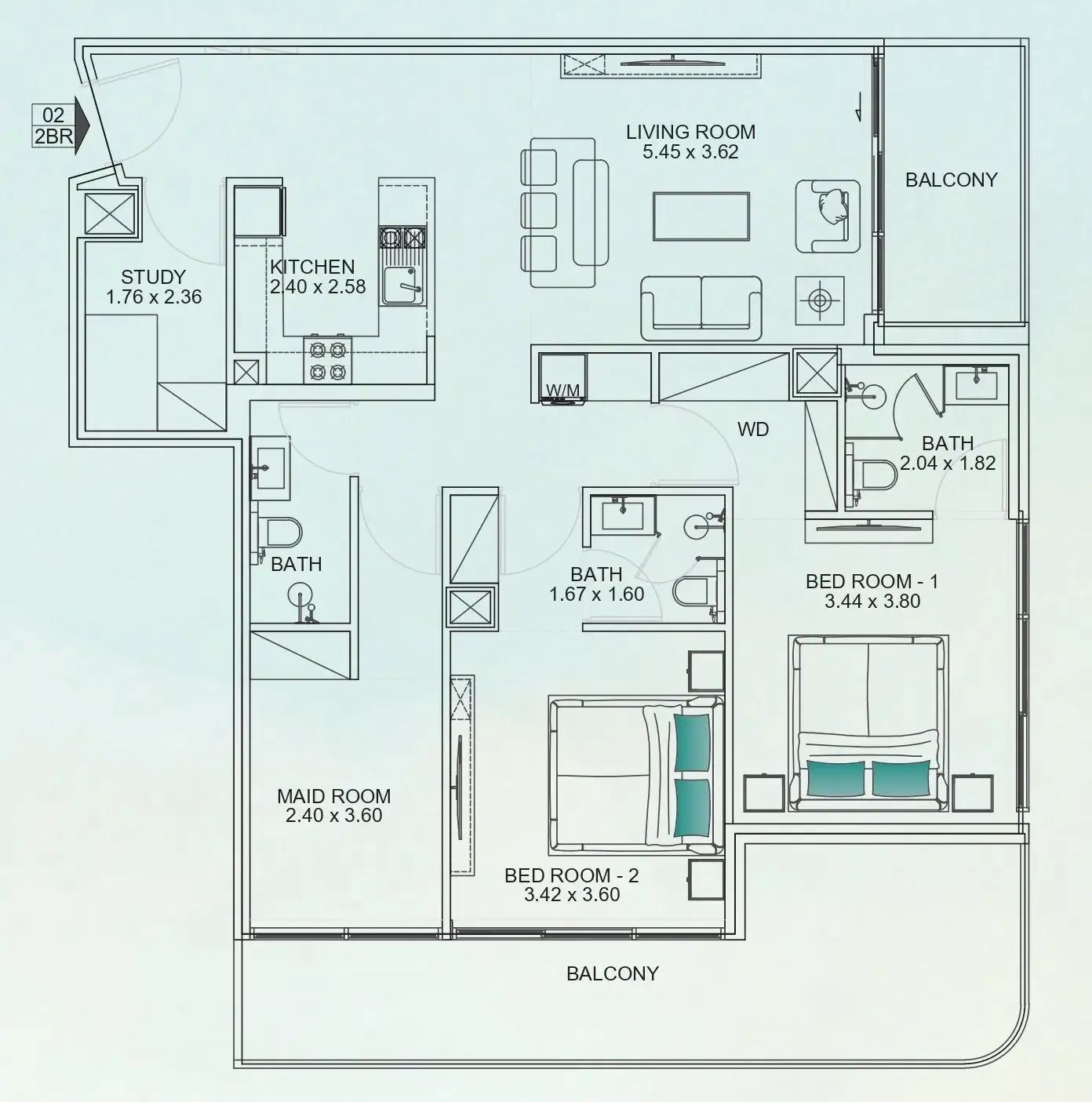 Floarea Breeze 2 BR Apartments floor plan, 1,259 sqft to 1,711 sqft, drawing published by Mashriq Elite Developments