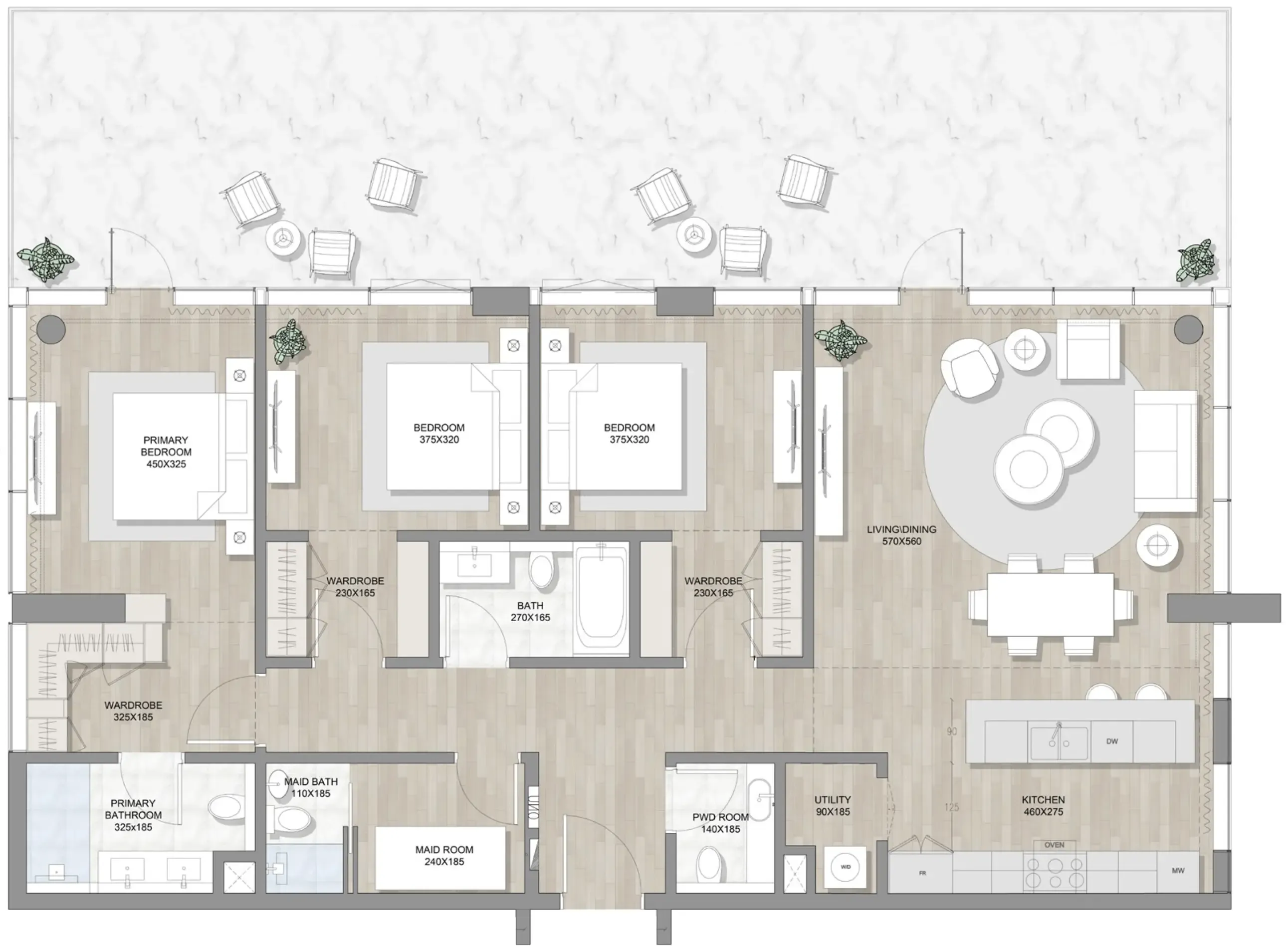 Skai Mina 3 BR Penthouse floor plan, 2,334 sqft, drawing published by RAK Properties