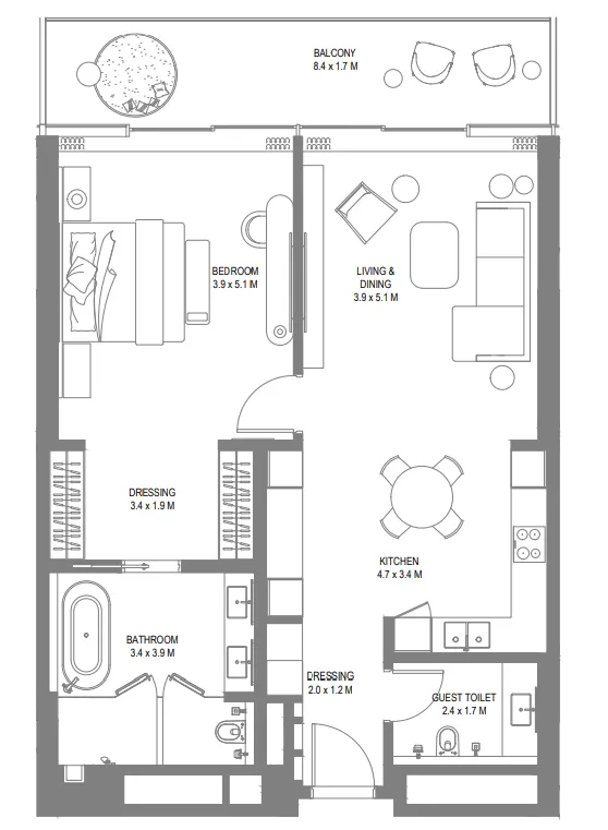 Anantara Sharjah Resort 1 BR Apartments floor plan, 1,188 sqft to 1,190 sqft, drawing published by ARADA