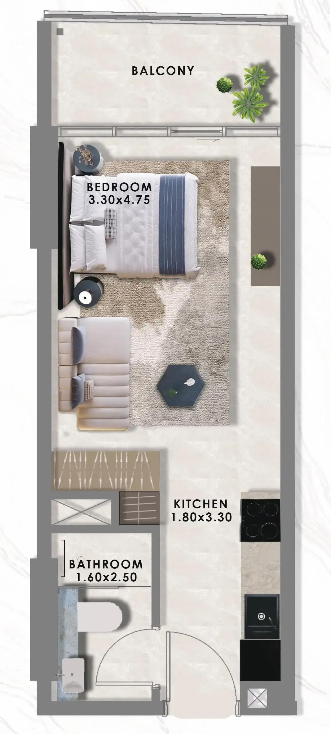 Floarea Lakes Studio Apartments floor plan, 382 sqft to 413 sqft, drawing published by Mashriq Elite Developments