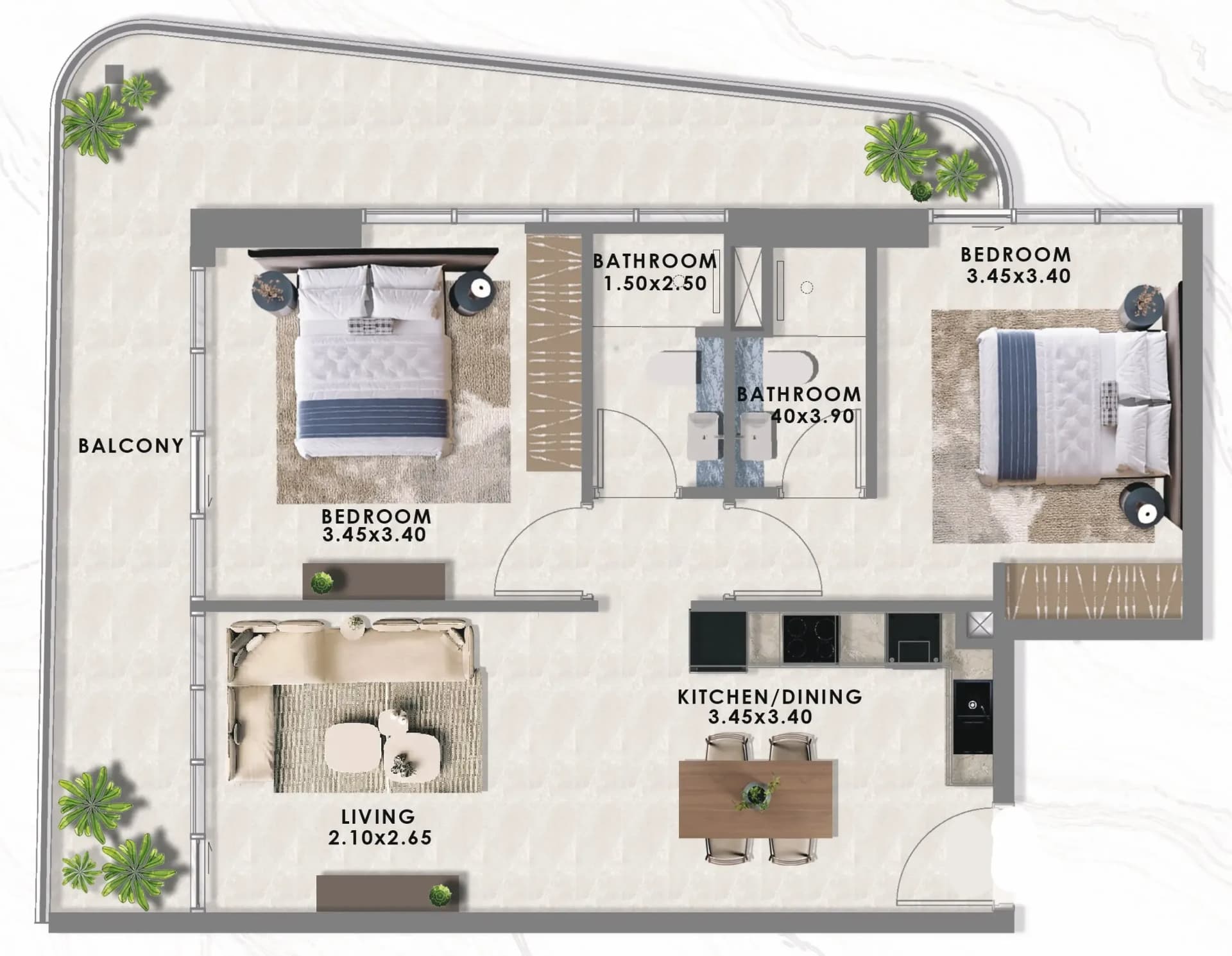 Floarea Lakes 2 BR Apartments floor plan, 1,060 sqft to 1,375 sqft, drawing published by Mashriq Elite Developments