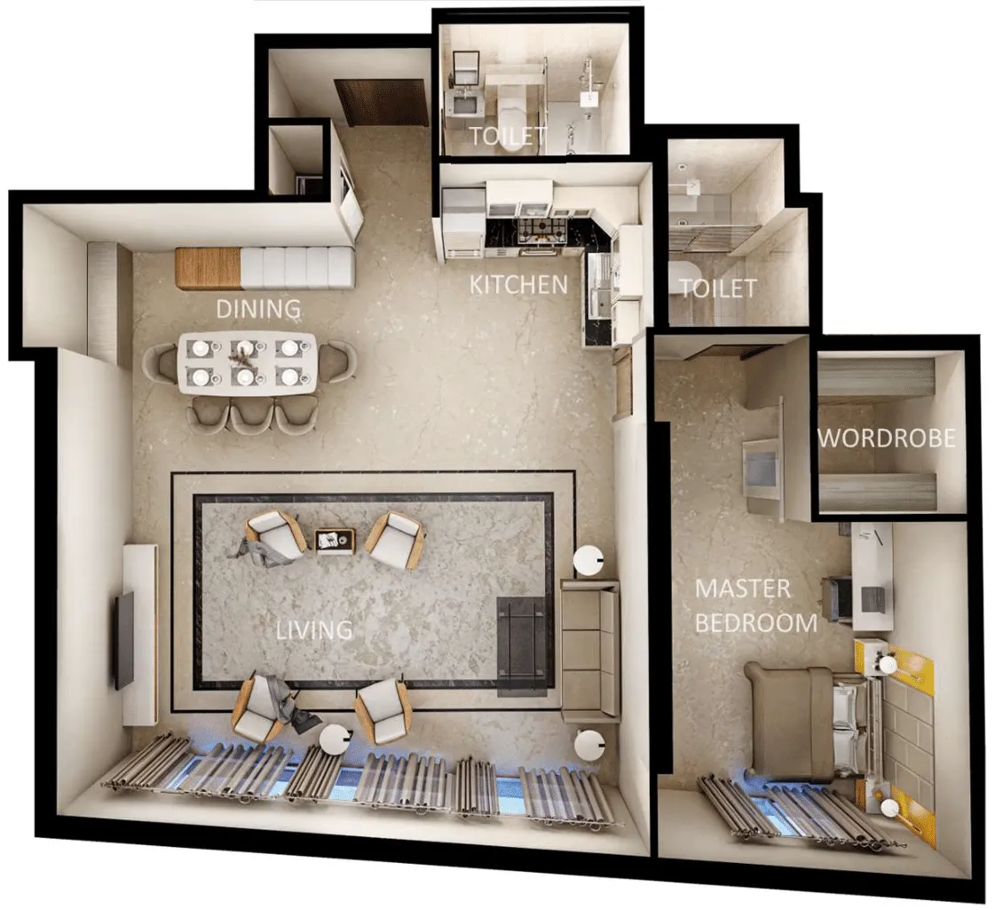 Zenith J1 1 BR Apartments floor plan, 854 sqft to 1,220 sqft, drawing published by Zenith Group