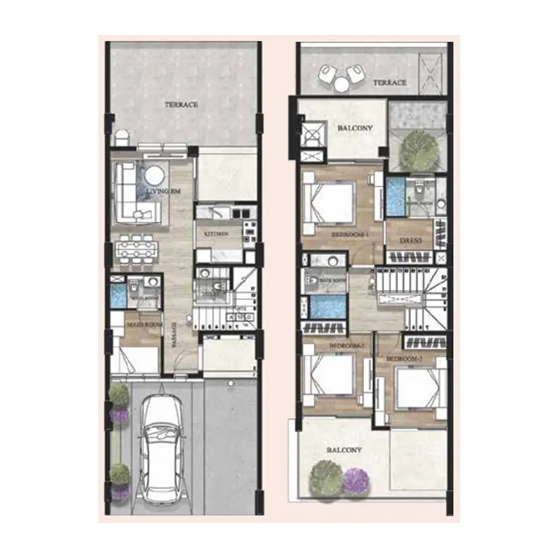 Terva Homes 3 BR Townhouse floor plan, 2,311 sqft to 2,504 sqft, drawing published by Al Mizan