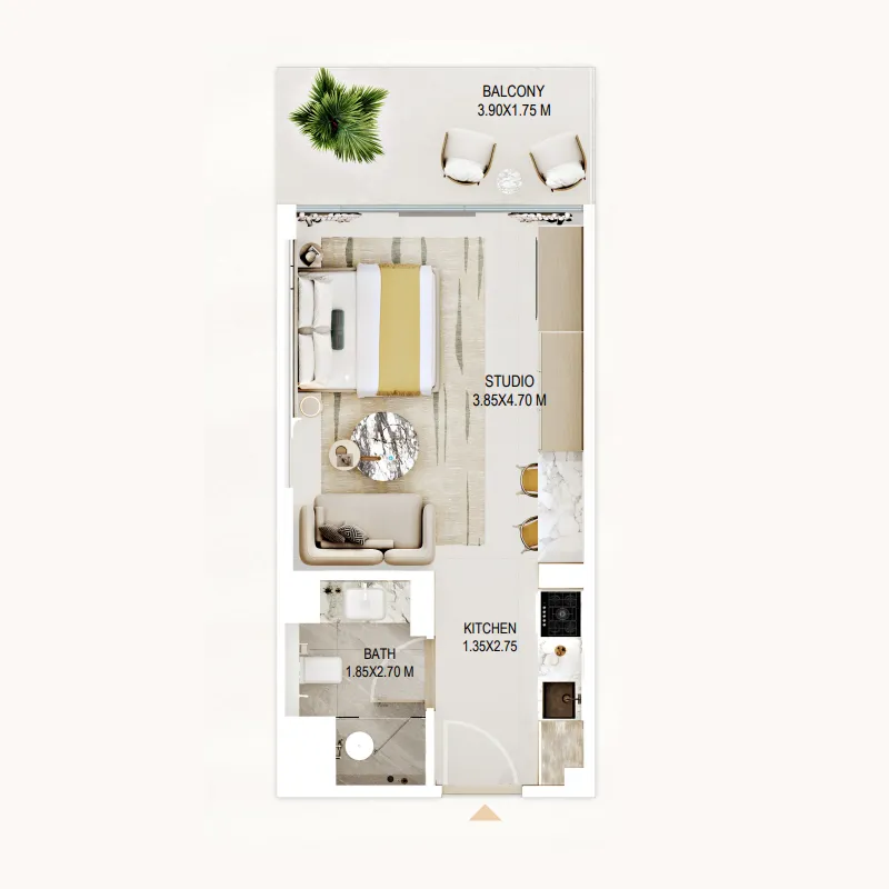 Rabdan Gardens Studio Apartments floor plan, 409 sqft to 448 sqft, drawing published by Rabdan Developments