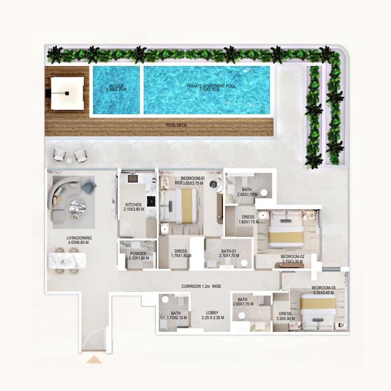 Rabdan Gardens 3 BR Apartments floor plan, 2,890 sqft, drawing published by Rabdan Developments