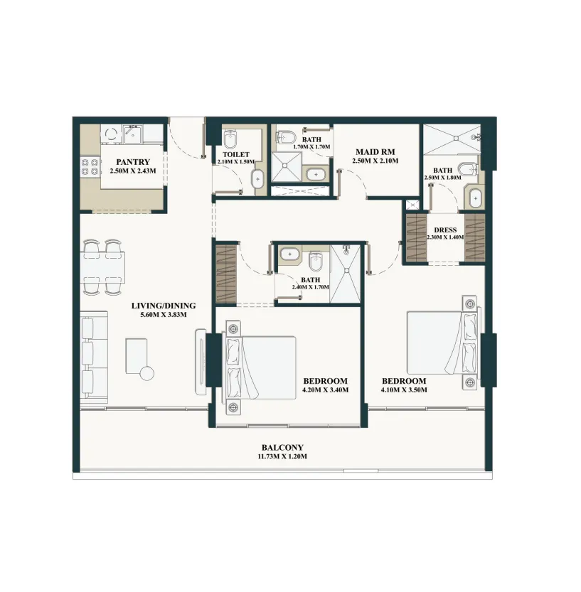 Belle Vie 2.5 BR Apartments floor plan, 1,290 sqft, drawing published by Zimaya Properties