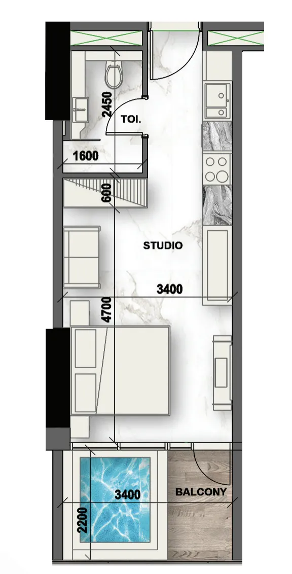 Peace Lagoons 2 Studio Apartments floor plan, 373 sqft to 496 sqft, drawing published by Peace Homes Group