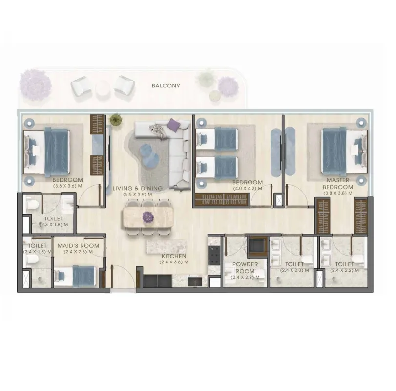 Kaia Residences 3 BR Apartments floor plan, 1,624 sqft to 1,748 sqft, drawing published by AMWAJ Development