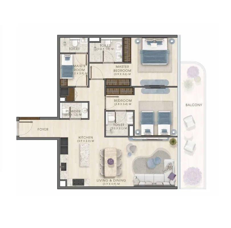 Kaia Residences 2 BR Apartments floor plan, 1,336 sqft to 1,782 sqft, drawing published by AMWAJ Development