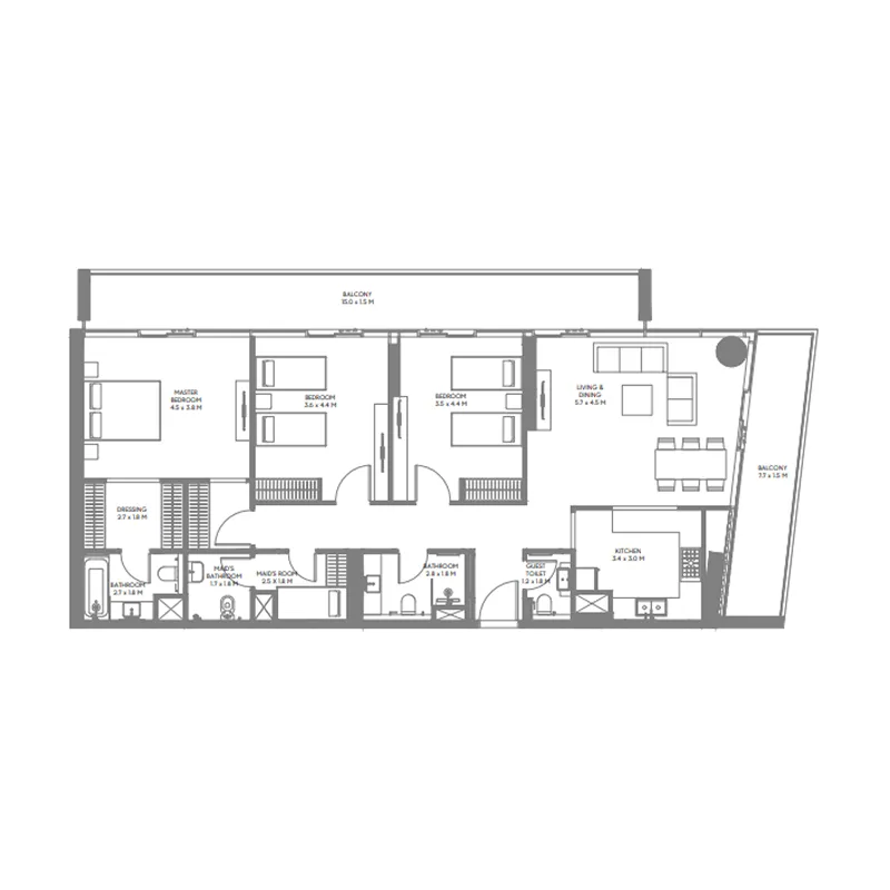 The Gate 6 3 BR Apartments floor plan, 1,616 sqft to 2,197 sqft, drawing published by ARADA