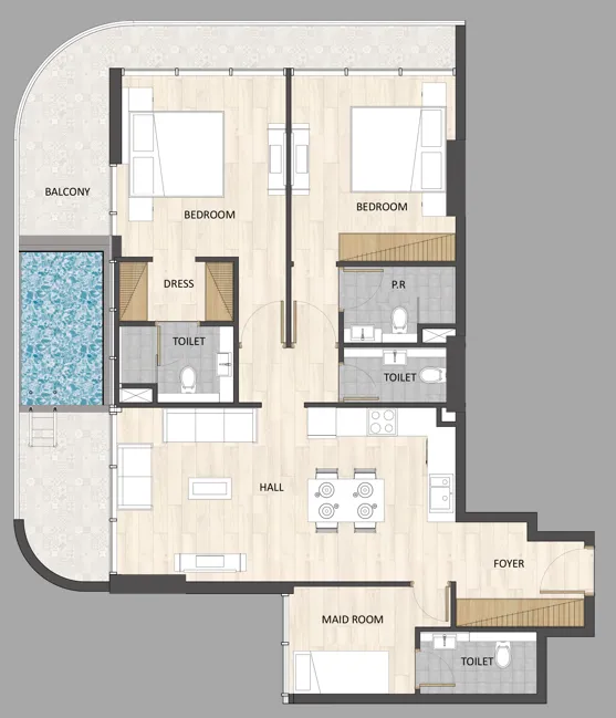Barari Palace 2 BR Apartments floor plan, 1,153 sqft to 1,647 sqft, drawing published by ARY & MAZ Developments