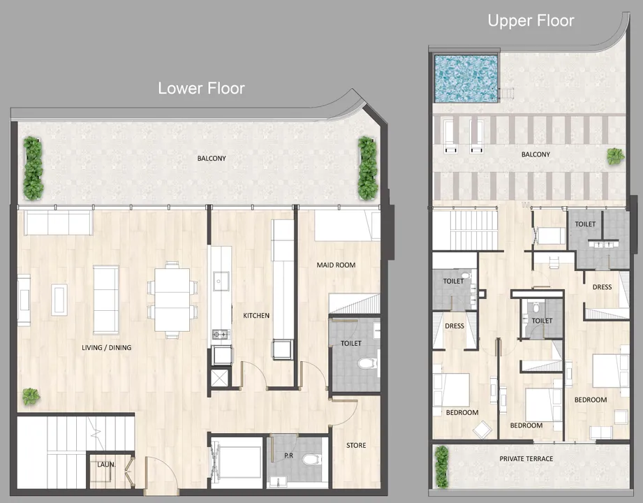 Barari Palace 3 BR Penthouse floor plan, 3,920 sqft to 3,987 sqft, drawing published by ARY & MAZ Developments