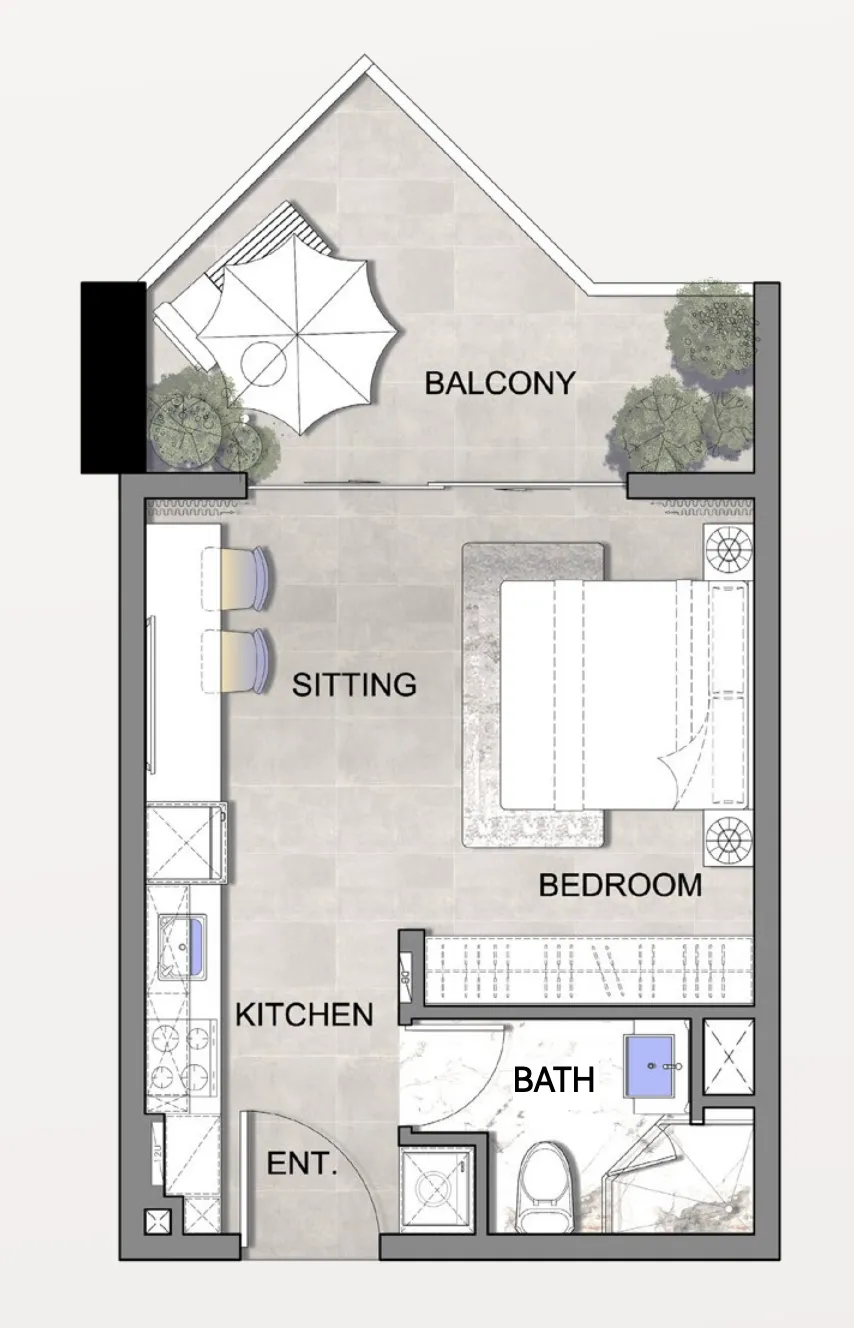 Listone Residence Studio Apartments floor plan, 378 sqft to 614 sqft, drawing published by Lion Stone