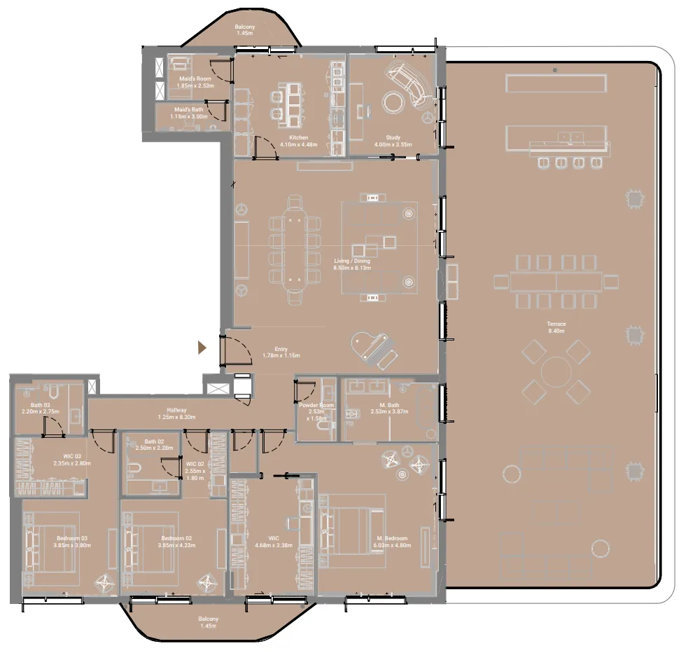Takaya 3 BR Penthouse floor plan, 4,942 sqft to 4,946 sqft, drawing published by Union Properties