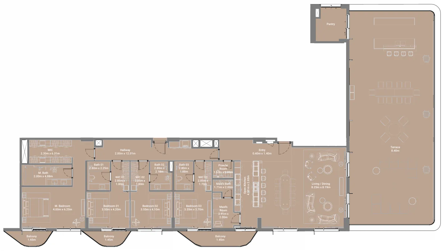 Takaya 4 BR Penthouse floor plan, 4,422 sqft to 6,564 sqft, drawing published by Union Properties