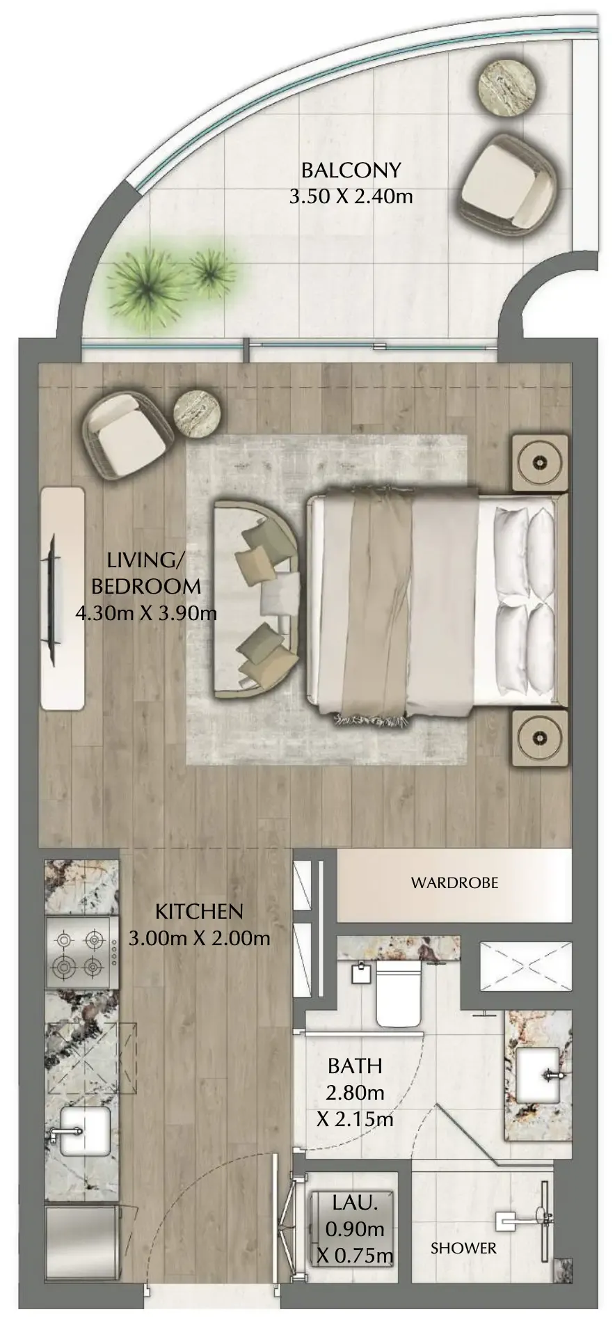 One Residence Studio Apartments floor plan, 470 sqft, drawing published by Ginco Properties