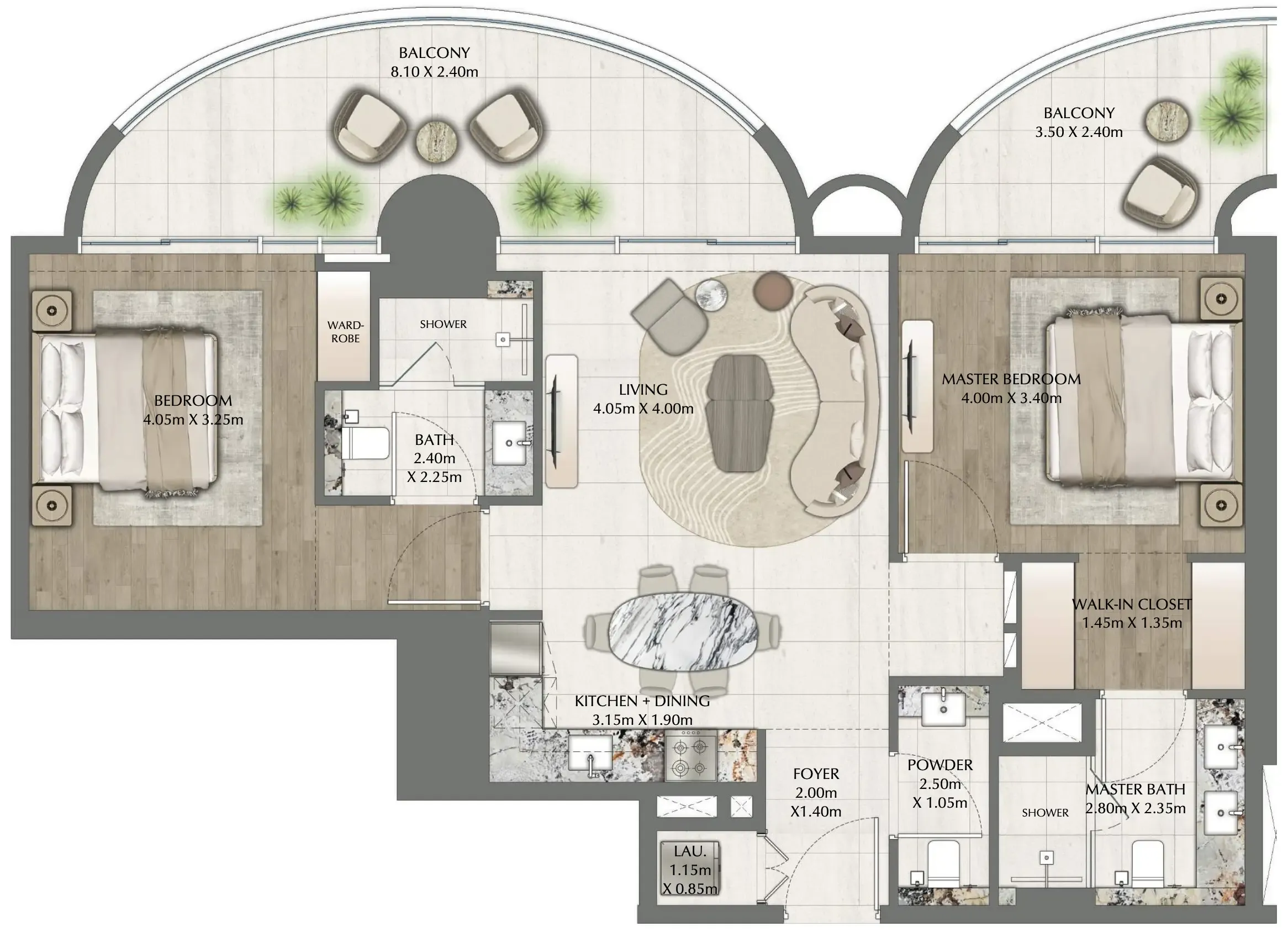 One Residence 2 BR Apartments floor plan, 1,053 sqft to 1,412 sqft, drawing published by Ginco Properties